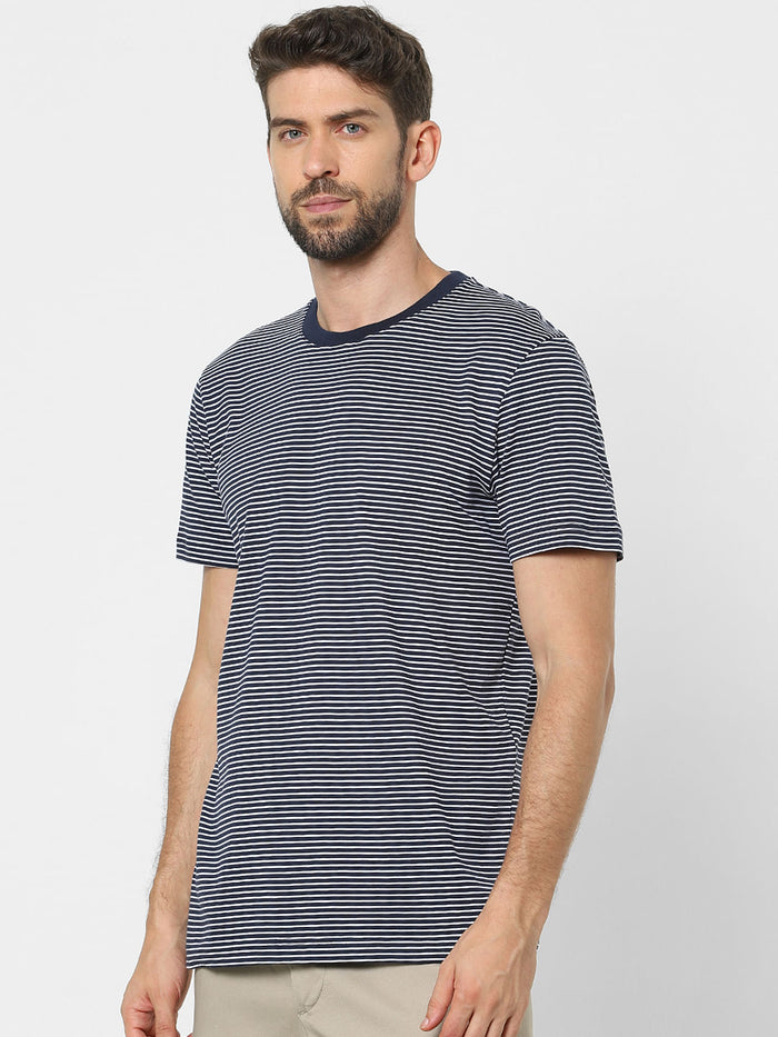 Blue Striped Organic Cotton Crew Neck T-Shirt