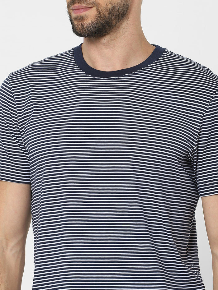 Blue Striped Organic Cotton Crew Neck T-Shirt
