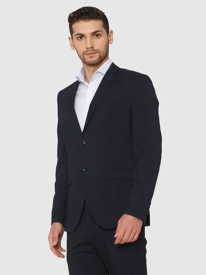 Blue Striped Slim Fit Formal Blazer