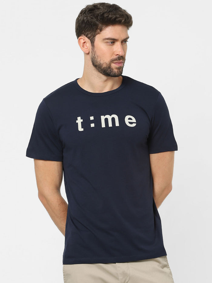 Blue Text Print Crew Neck T-Shirt