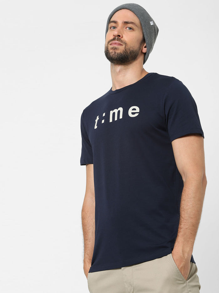 Blue Text Print Crew Neck T-Shirt