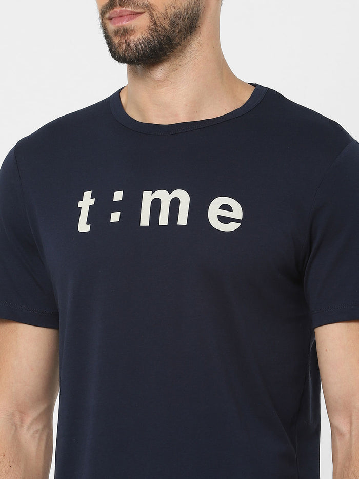 Blue Text Print Crew Neck T-Shirt