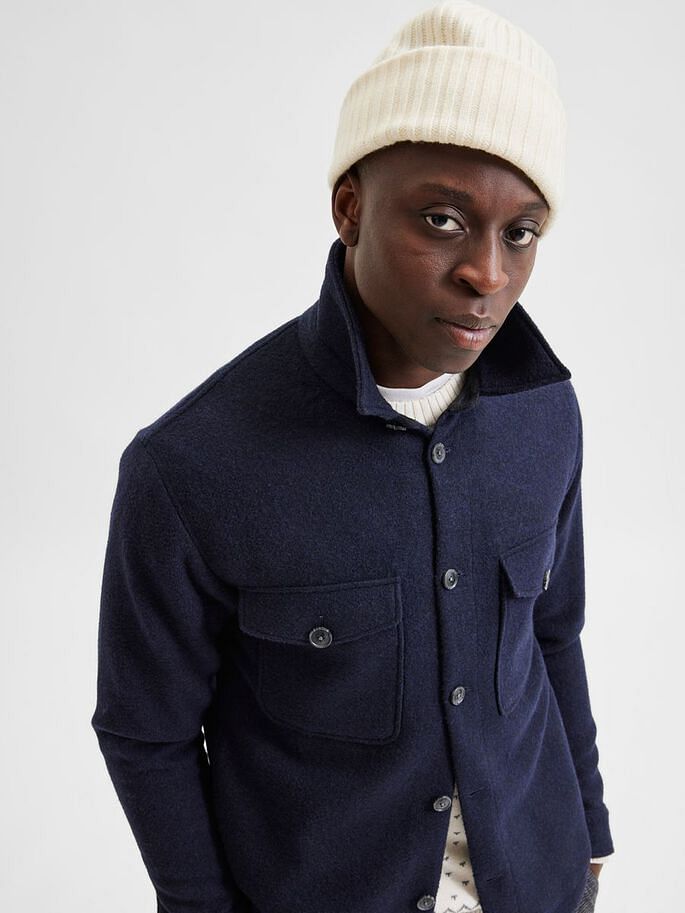 Blue Woolen Solid Jacket