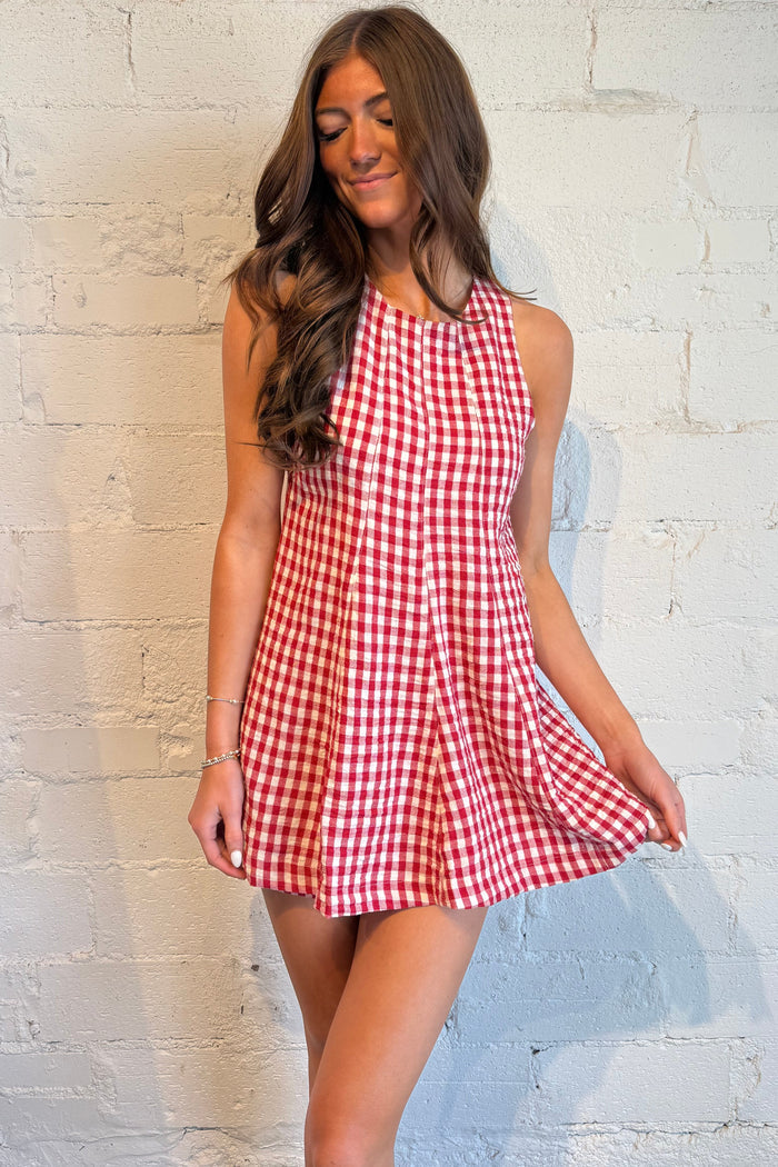 red gingham romper, gameday outfit. game day outfit, red gingham dress, red gingham clothing