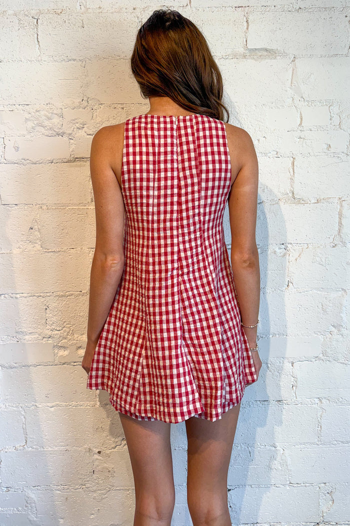 red gingham romper, gameday outfit. game day outfit, red gingham dress, red gingham clothing