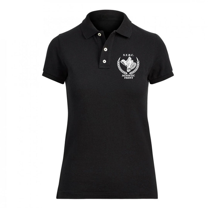 Agnostic Front black short-sleeve polo with collar and three buttons, featuring white embroidered emblem and text on the left chest.