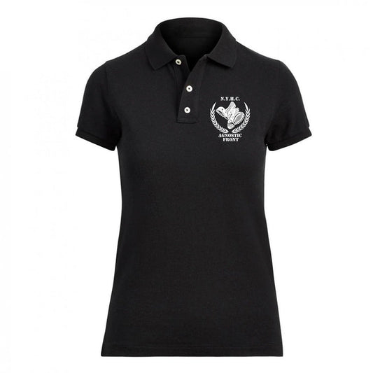 Agnostic Front black short-sleeve polo with collar and three buttons, featuring white embroidered emblem and text on the left chest.