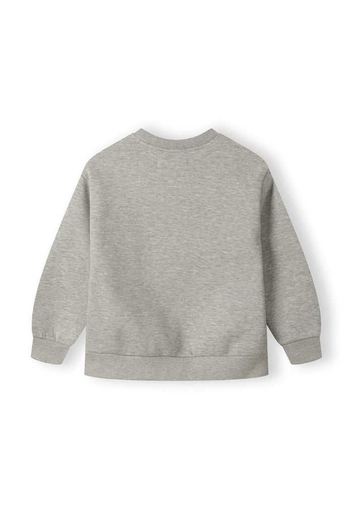 Boys grey crew neck sweatshirt, back view, ribbed cuffs and waistband.