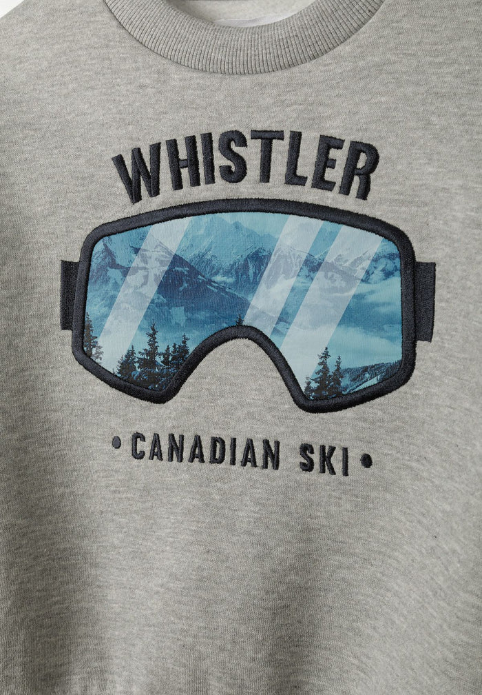 Boys grey sweatshirt, crew neck, featuring graphic appliqué of ski goggles.