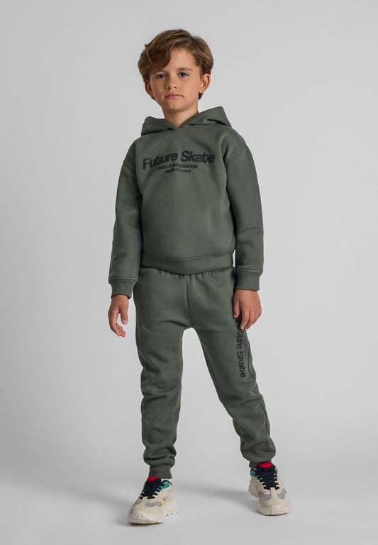 Boys khaki hoodie and joggers set, front view, features 'Future Skate' print.