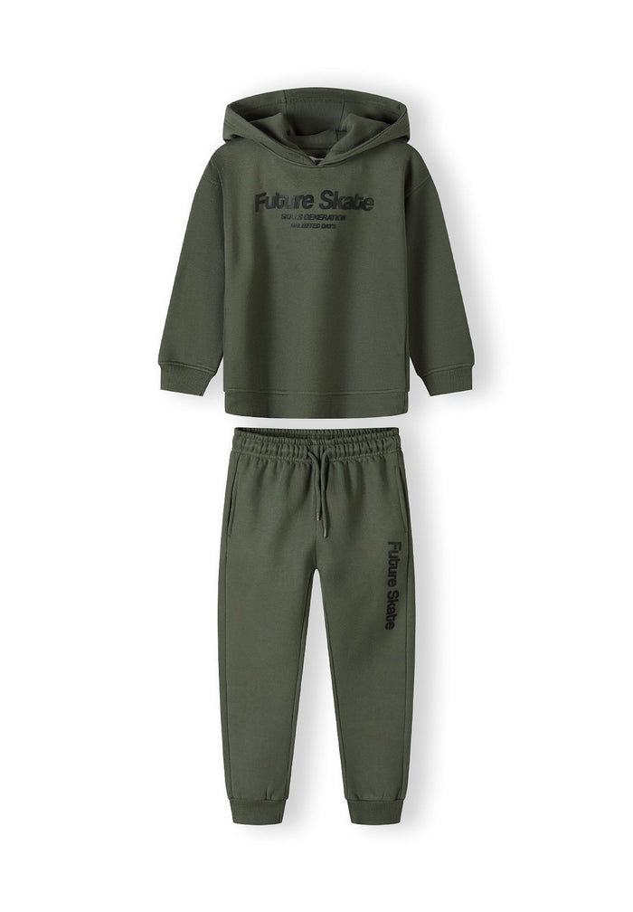 Boys khaki hoodie and joggers set, front view, features 'Future Skate' print and ribbed cuffs.
