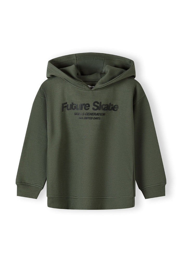 Khaki boys hoodie, front view, features 'Future Skate' print and ribbed hem.