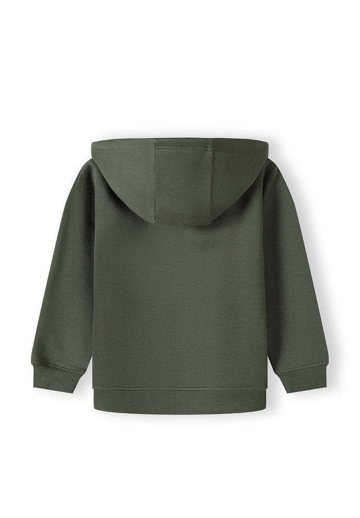 Back view of a khaki boys hoodie with a hood and ribbed hem.