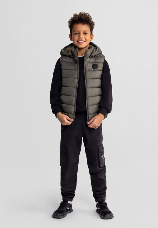 Padded Gilet, Detachable Hood, Khaki - 1
