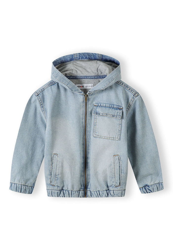 Boys light blue denim jacket with hood, front zip fastening, and two pockets.