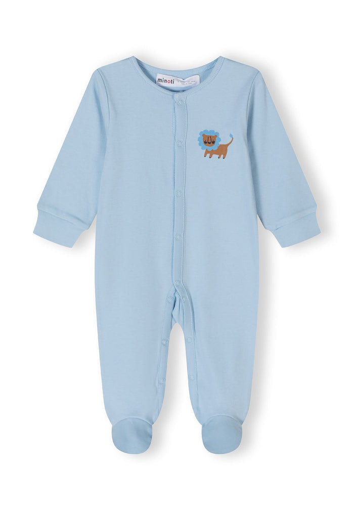 Light blue long-sleeve sleepsuit for boys with press stud fastenings and lion print detail.