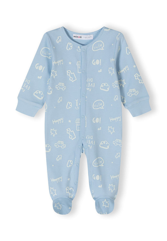 Light blue long-sleeve boys sleepsuit with printed details, front view.