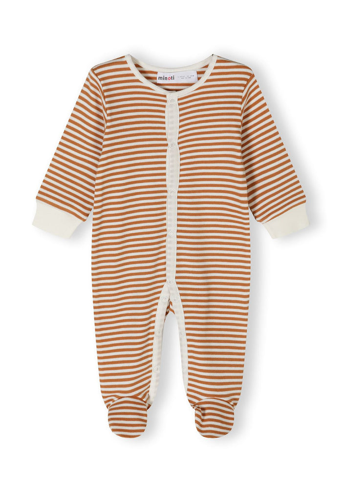 Detail of a long-sleeve striped sleepsuit in orange and white with built-in feet and press stud fastenings.
