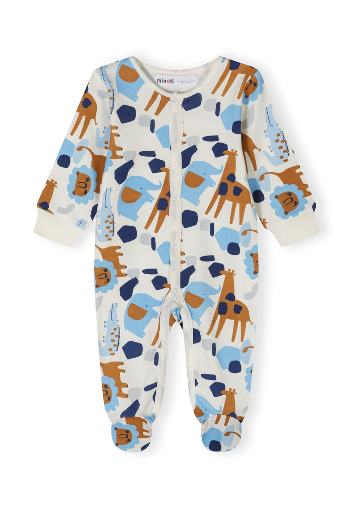 Light blue long-sleeve sleepsuit with animal print, front view, featuring press stud fastenings.