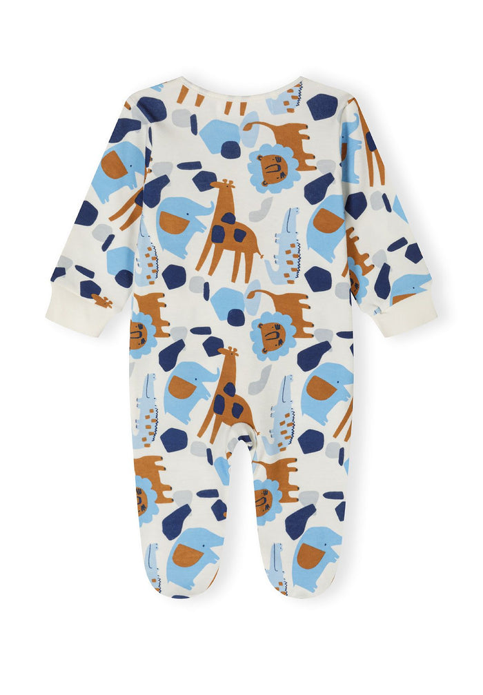Boys long-sleeve sleepsuit in light blue with animal print, back view.