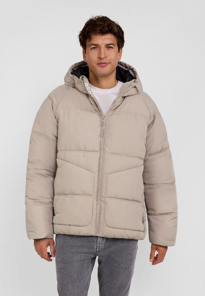 Boys quilted jacket in grey, front view with hood and zip, featuring pockets and elasticated cuffs.