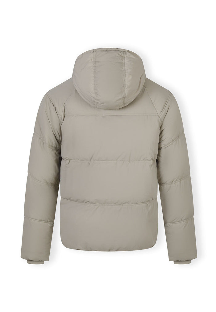 Boys quilted jacket in grey, back view with hood and elasticated cuffs.