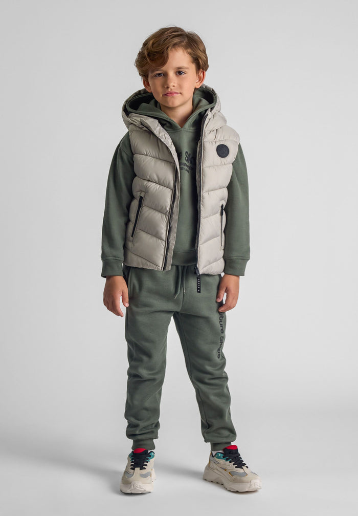 Boys grey gilet with fixed hood, full-length zip, and chest badge, front view.