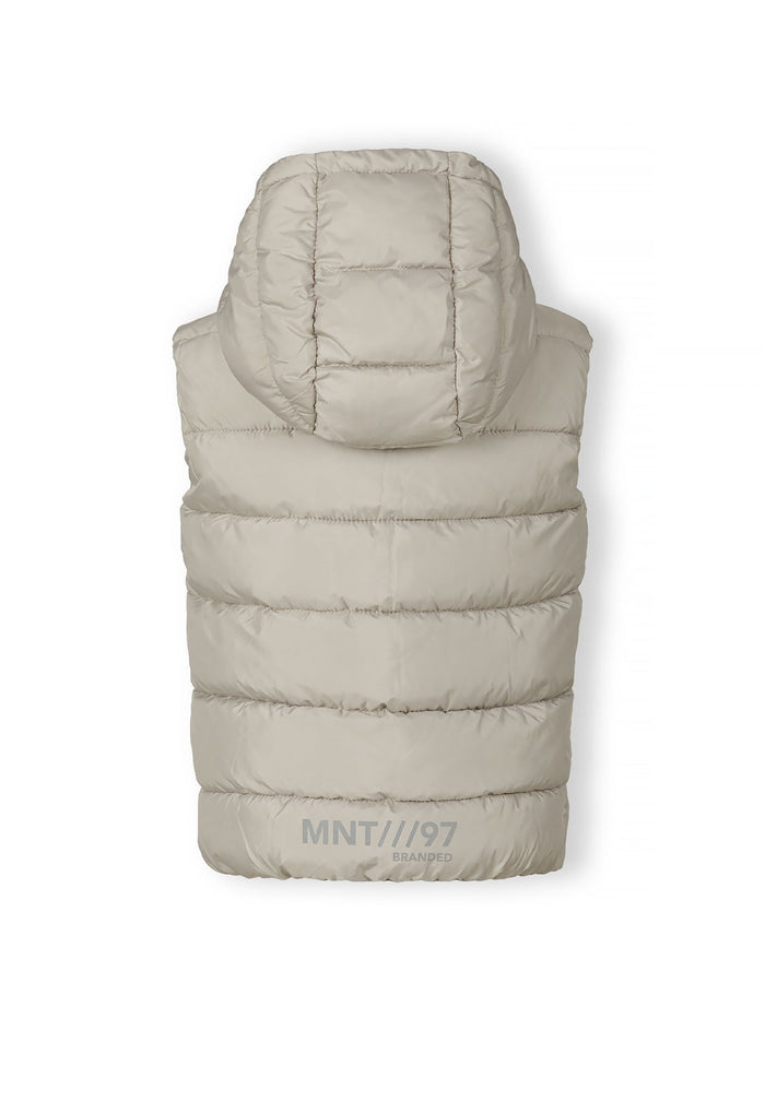 Boys grey gilet with fixed hood, back view, features padded design and logo print.