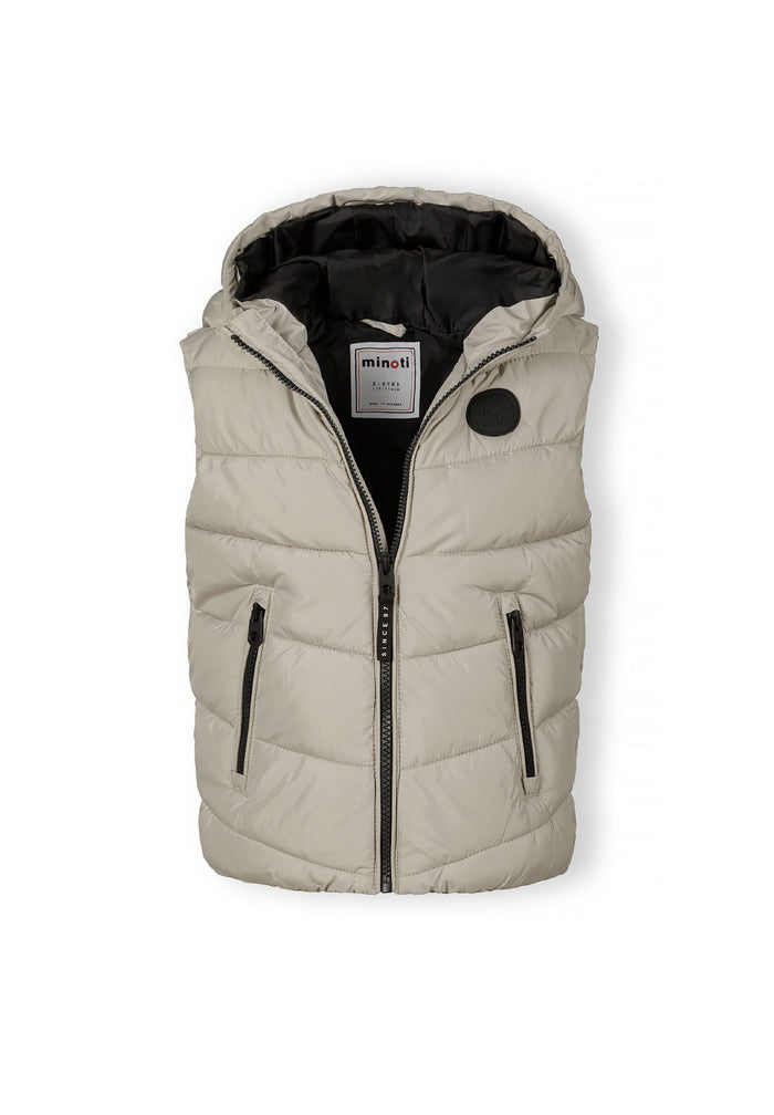 Boys grey gilet with fixed hood, full-length zip, and contrast zipped pockets.