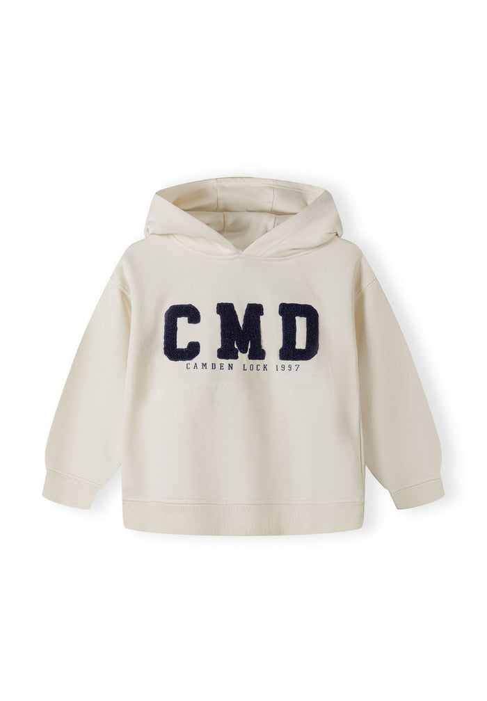 Boys cream hoodie with boucle embroidery, front view, ribbed cuffs.