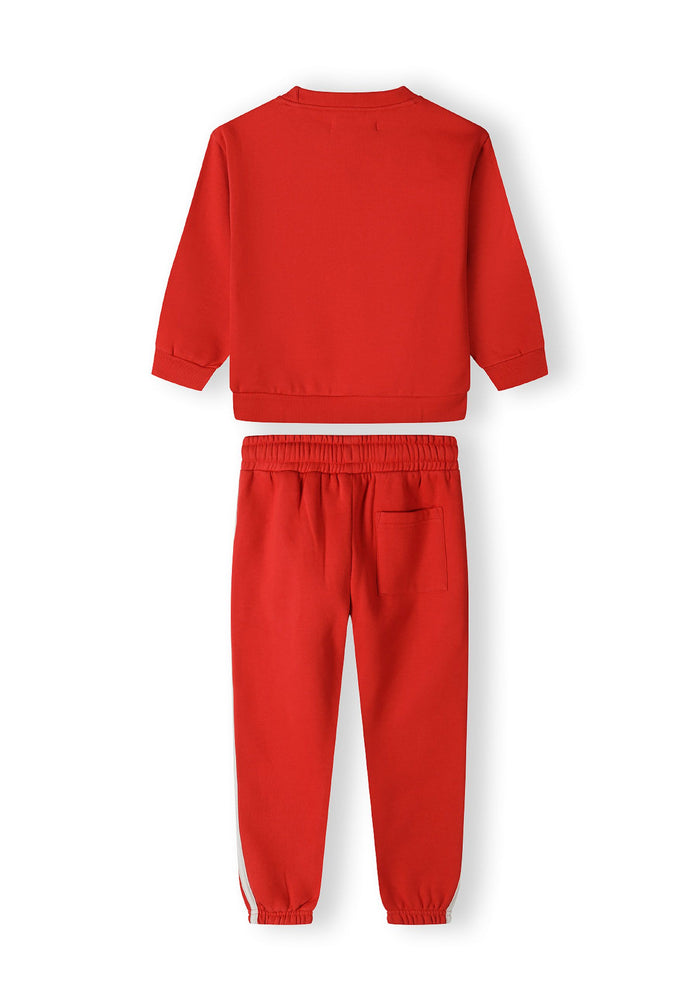 Boys red sweatshirt and joggers set, back view, featuring ribbed cuffs and adjustable waistband.