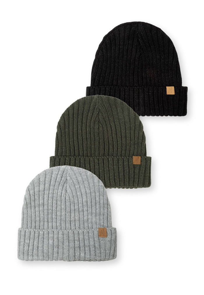 Three rib knit hats in black, khaki, and grey with tab detail, front view.