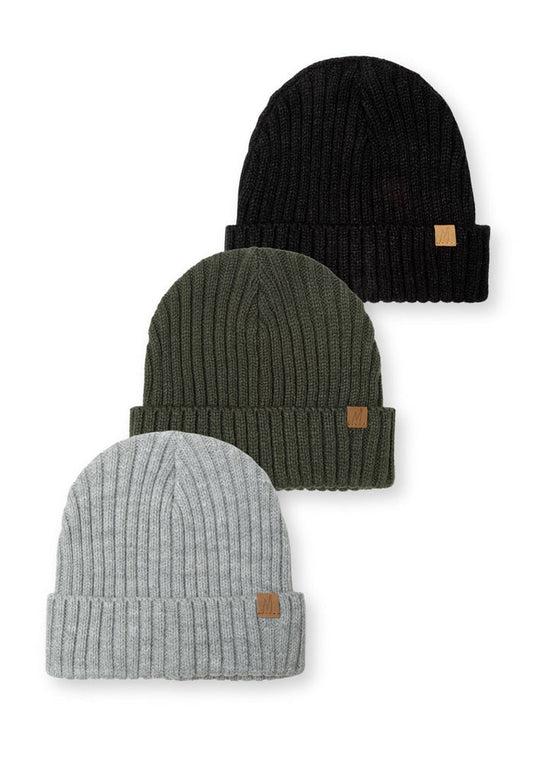 Three rib knit hats in black, khaki, and grey with tab detail, front view.