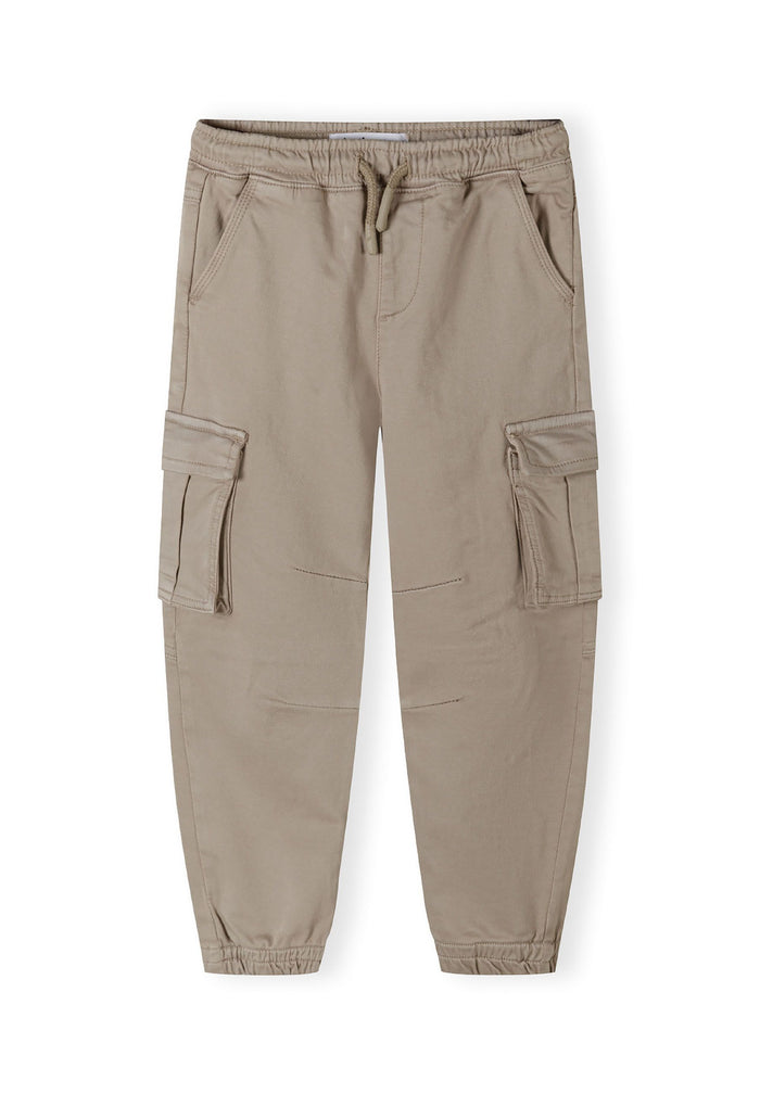 Boys cargo trousers with elasticated waistband, grey, front view, featuring cargo pockets and ribbed cuffs.