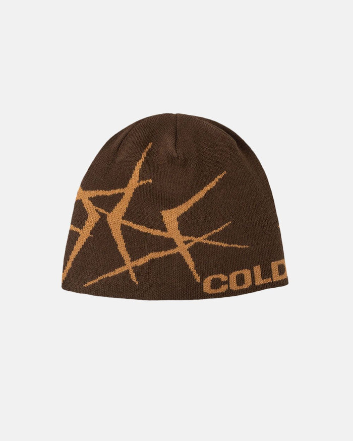 BRAMBLES BEANIE DARK GOLD - brown knit beanie, front view - Cold Culture