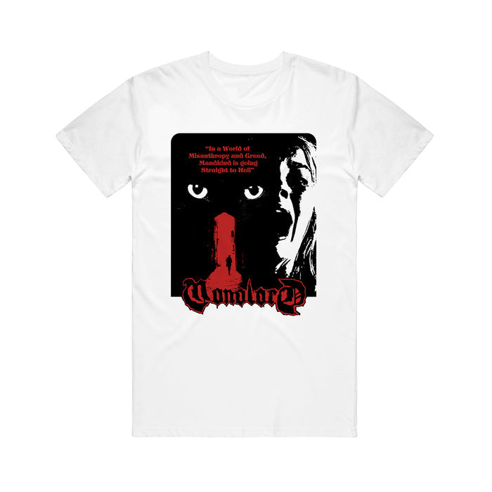 Monolord white t-shirt with a black cat with glowing eyes and a red mark, a frightened womans face, and red gothic WOMAN text. Quote above: “In a world of misalignments so grotesque, mankind is obliged, slavishly, to hide.”.