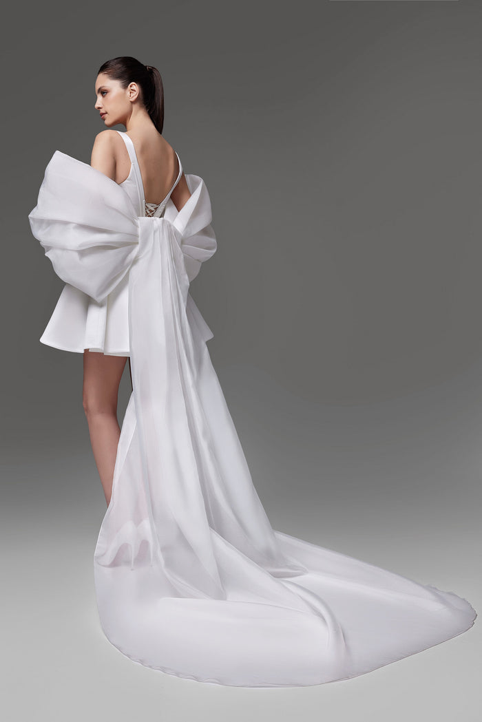 Bridal Organza Bow with Long Train Bella | Wedding Sheer Cover Up