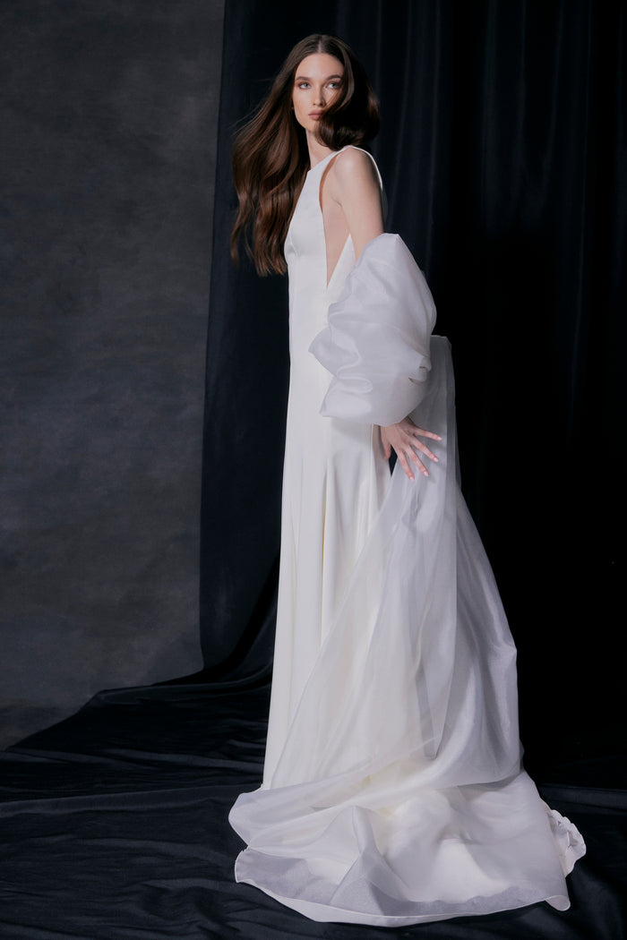 Bridal Organza Bow with Long Train Bella | Wedding Sheer Cover Up