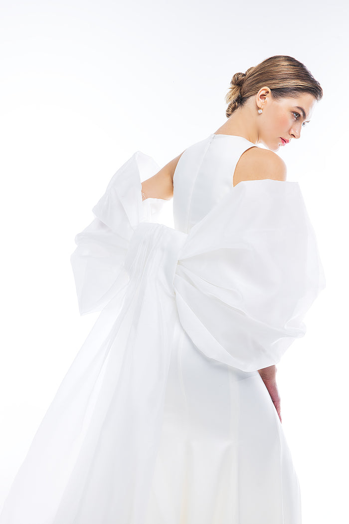 Bridal Organza Bow with Long Train Bella | Wedding Sheer Cover Up