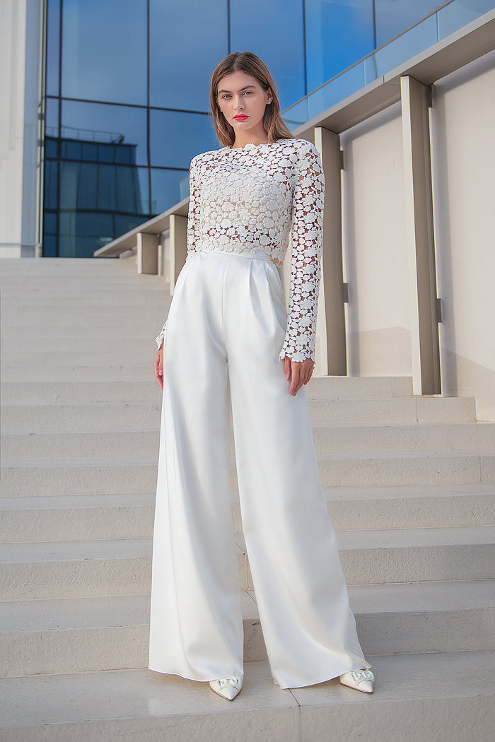 Bridal Satin Palazzo Pants With Pockets Andrea
