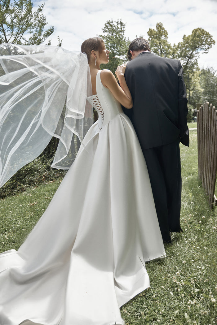Bridal Veil with Blusher and Satin Edge - Marine