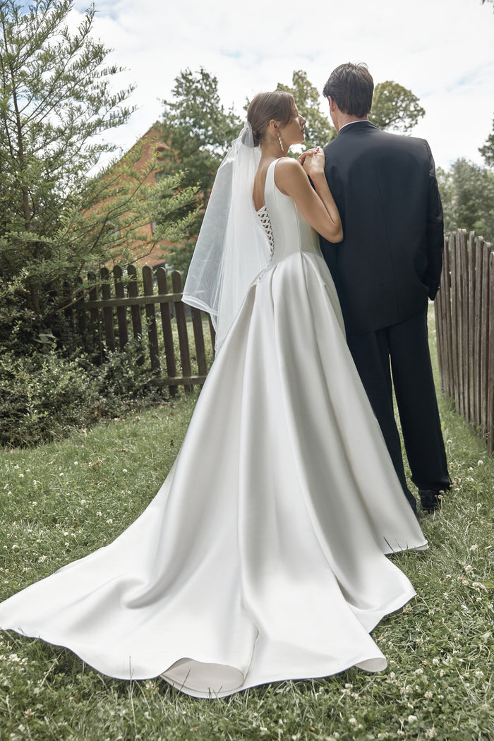 Bridal Veil with Blusher and Satin Edge - Marine