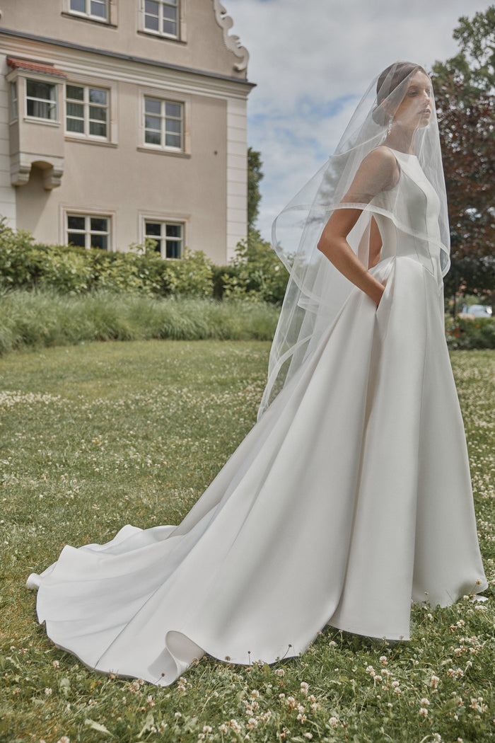 Bridal Veil with Blusher and Satin Edge - Marine