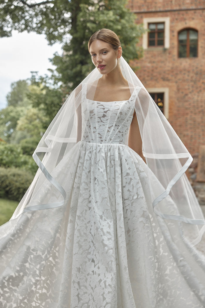 Bridal Veil with Blusher and Satin Edge - Marine