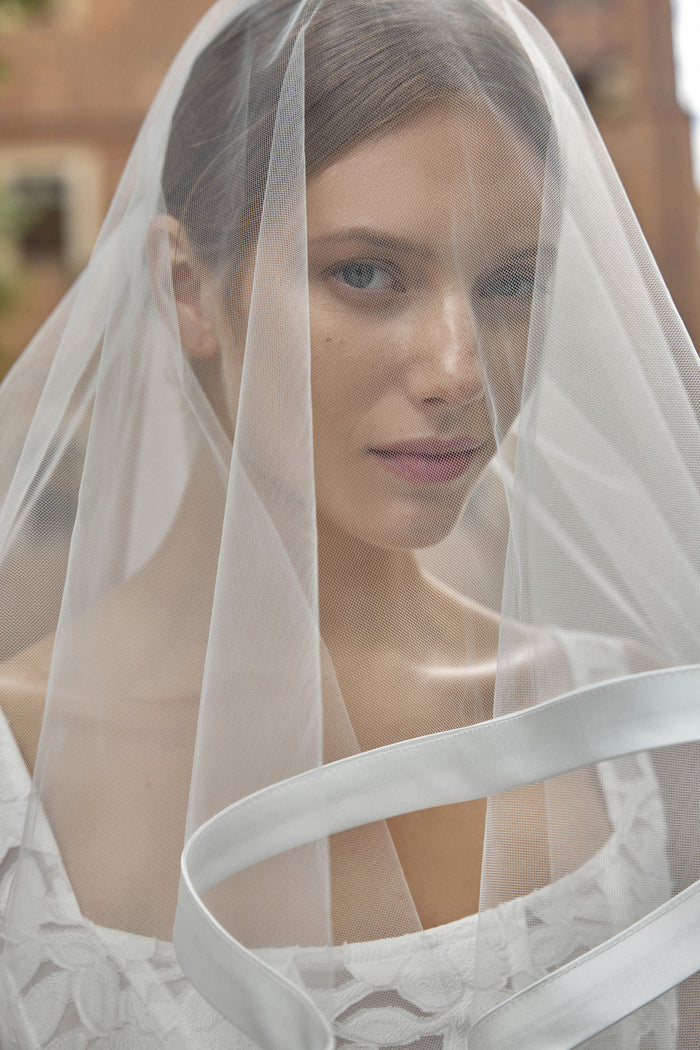 Bridal Veil with Blusher and Satin Edge - Marine