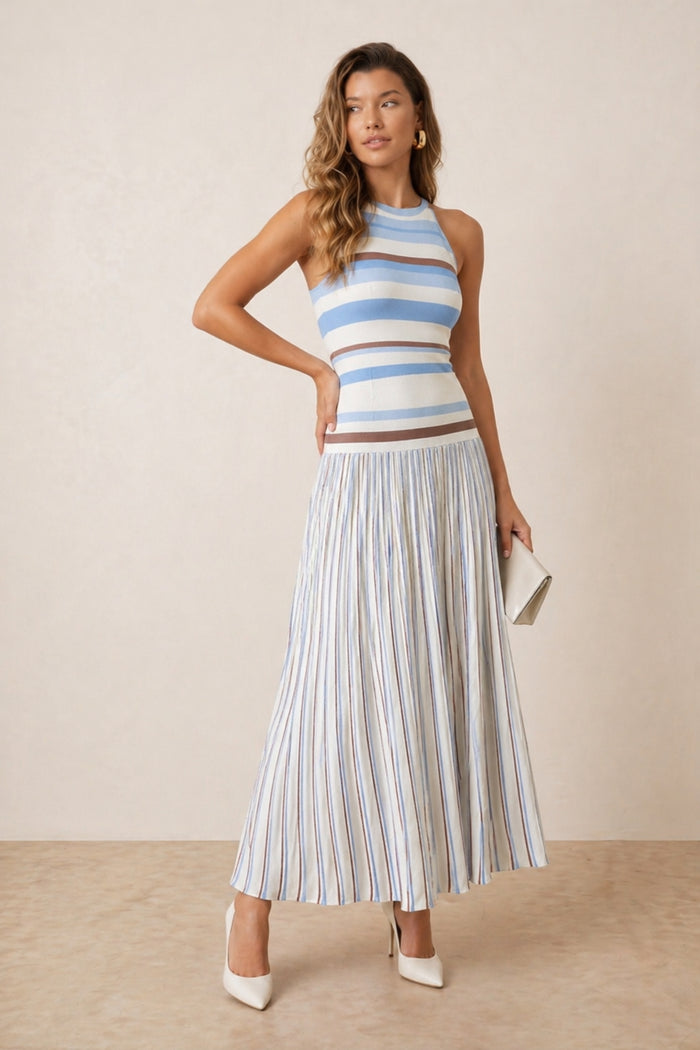 Brown and Blue Stripe Knitted Midi Dress