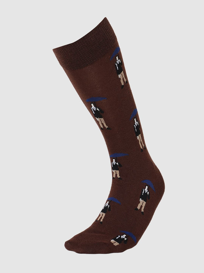 Brown Graphic Print Mid Calf Length Socks