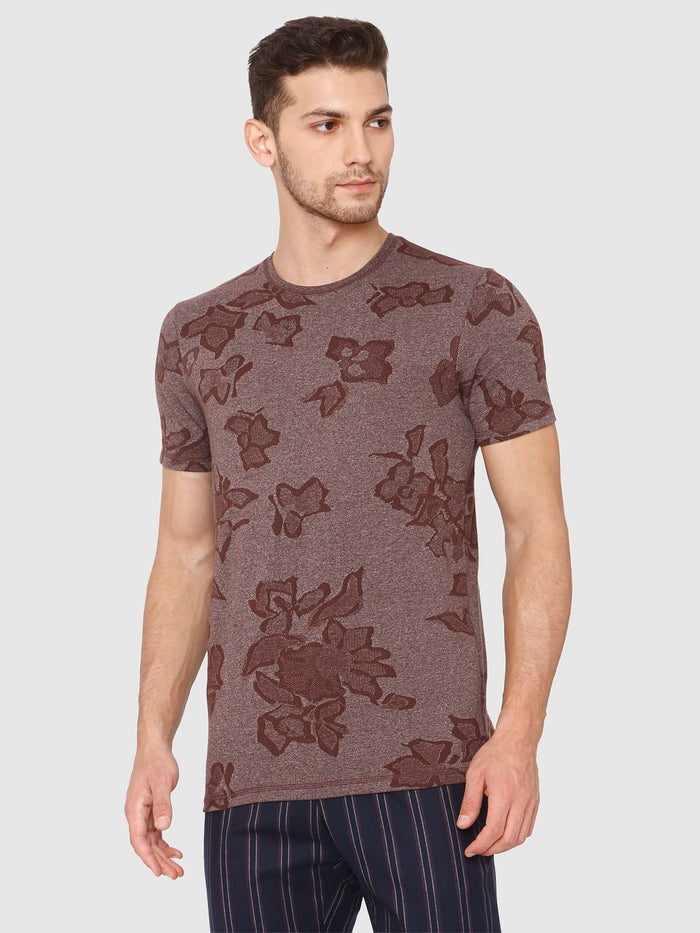 Brown Jacquard Crew Neck T-Shirt