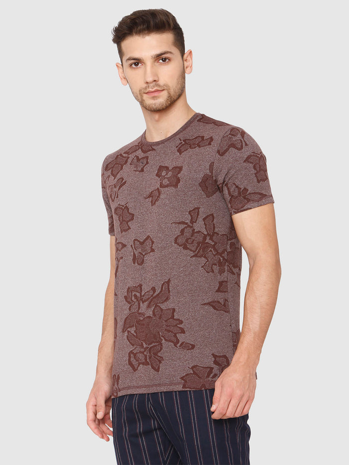 Brown Jacquard Crew Neck T-Shirt