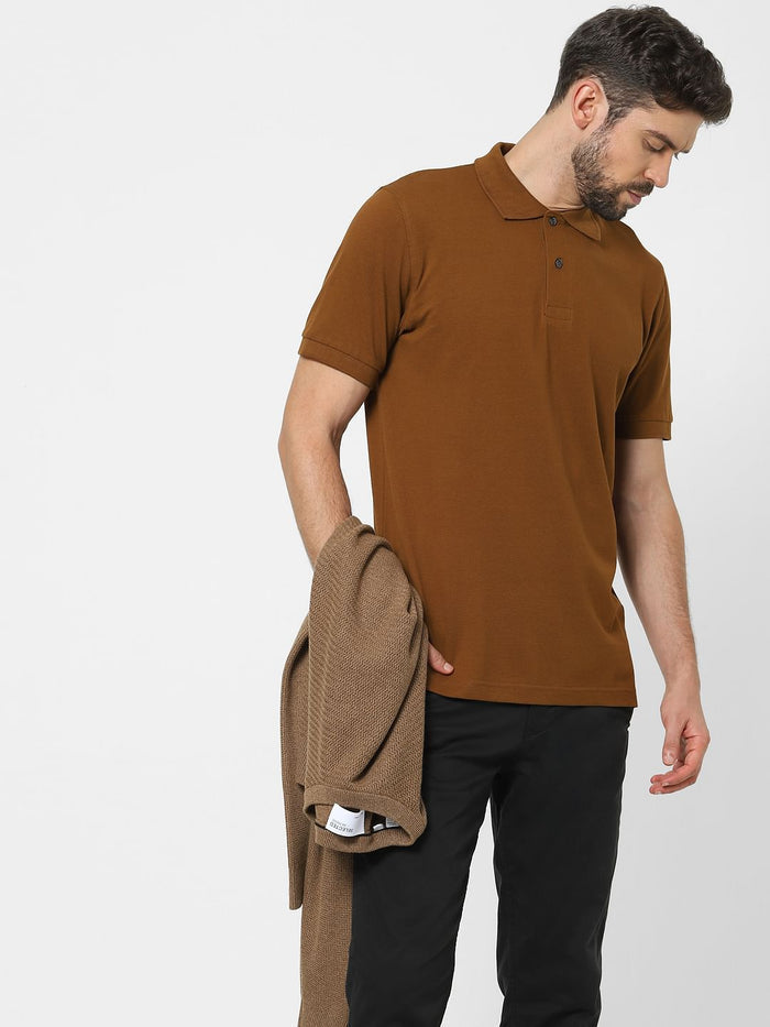Brown Organic Cotton Polo Neck T-Shirt